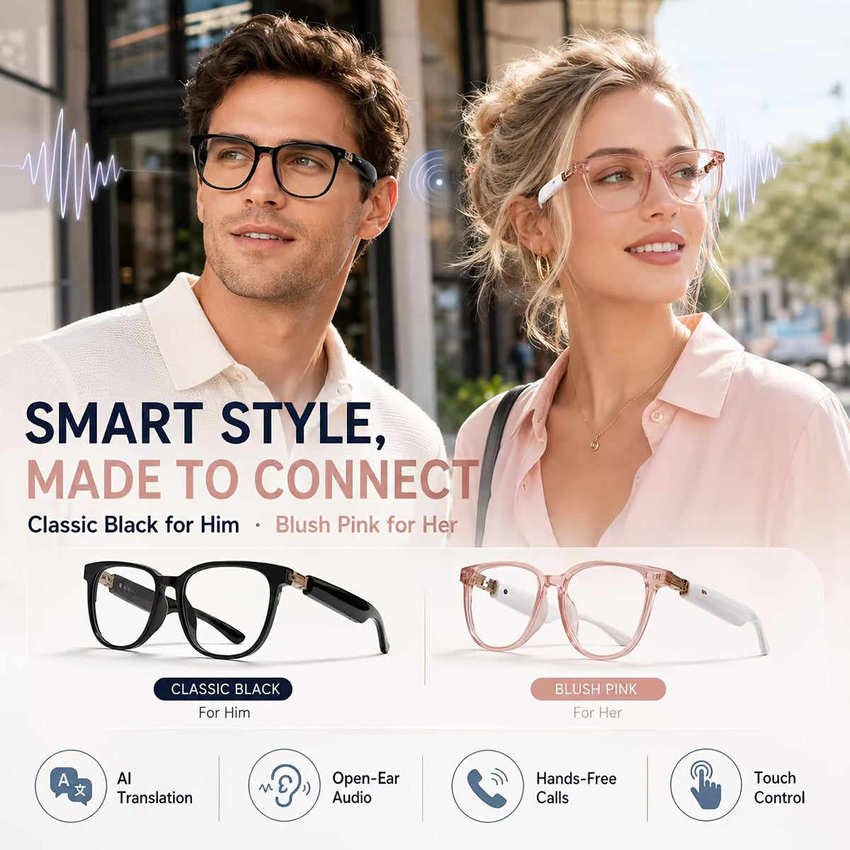 Smart Audio Translation Glasses with Built-In Microphone and Speaker, M09A, YX04 and Translucent Pink Options for Travel Conversations, Calls and Office Use