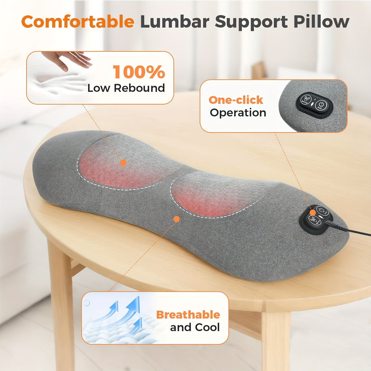 Lumbar Support Pillow with Listed Vibration, Heat and Air Cushion Lift Functions, Single Lower Back Cushion for Compatible Office Chairs and Stationary Car Seating