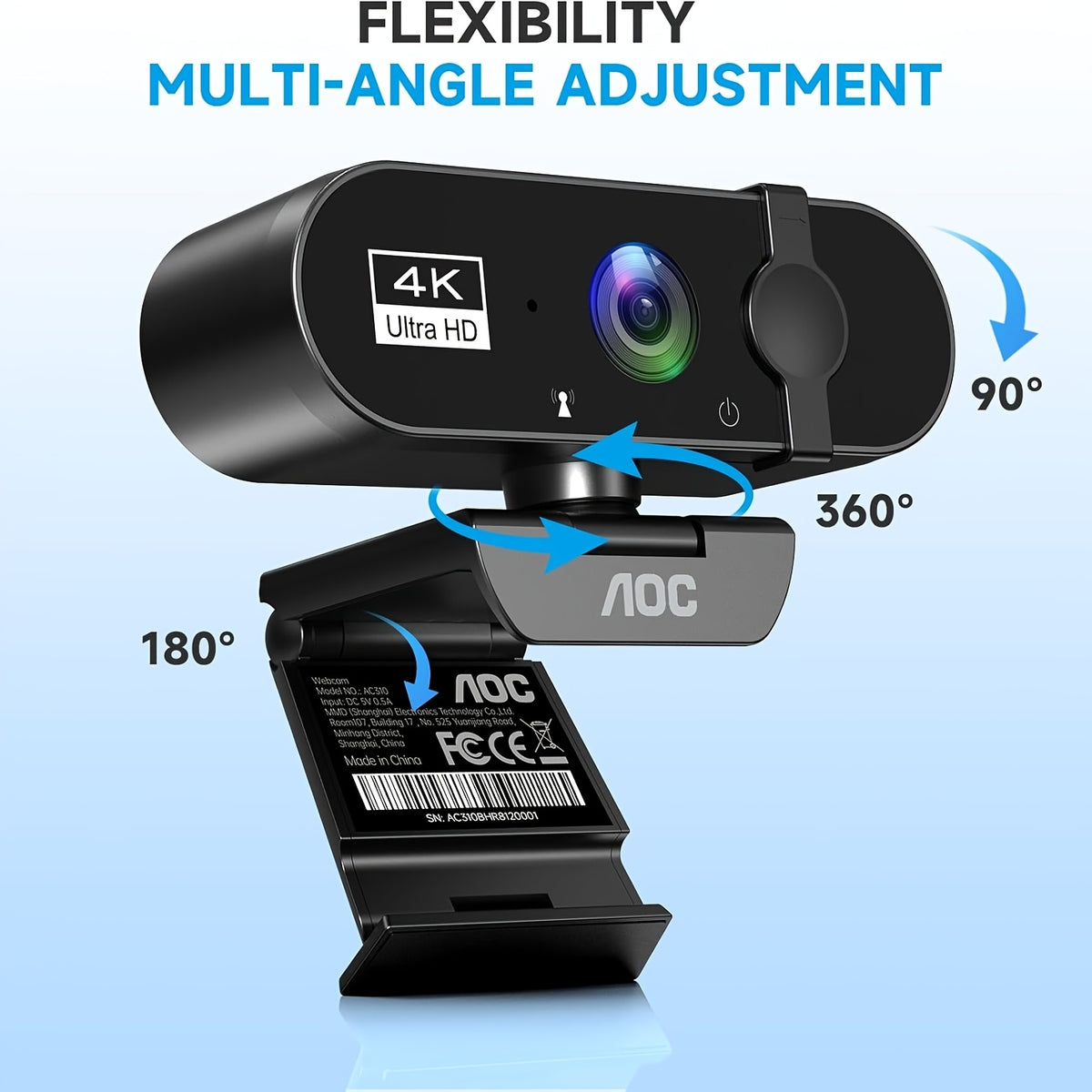 AOC 4K USB Webcam in Starry Black with Microphone, Noise Cancellation, Privacy Cover and 99 Degree Field of View for PC Meetings and Live Streaming