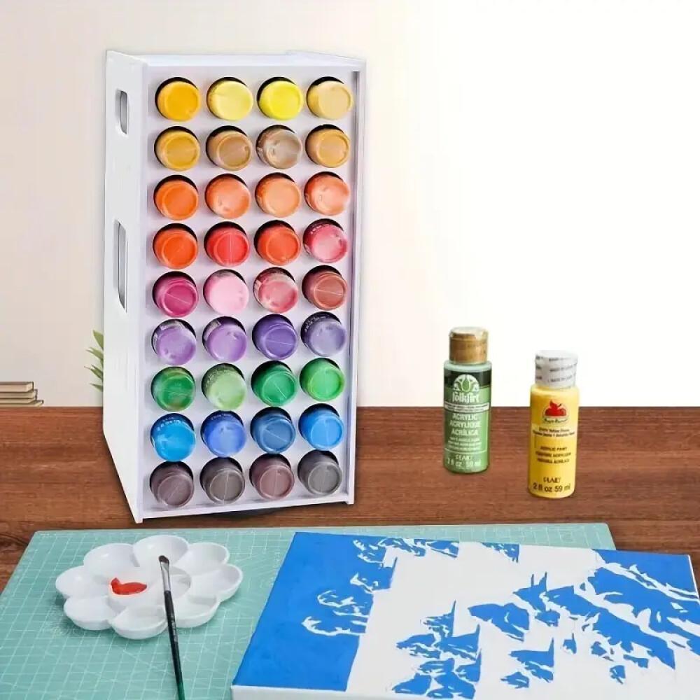 Rotating Paint Rack, 72-Slot White PVC Organizer for 2-Ounce Paint Bottles with 360-Degree Spin and Wall-Mountable Design for Artists and Craft Rooms