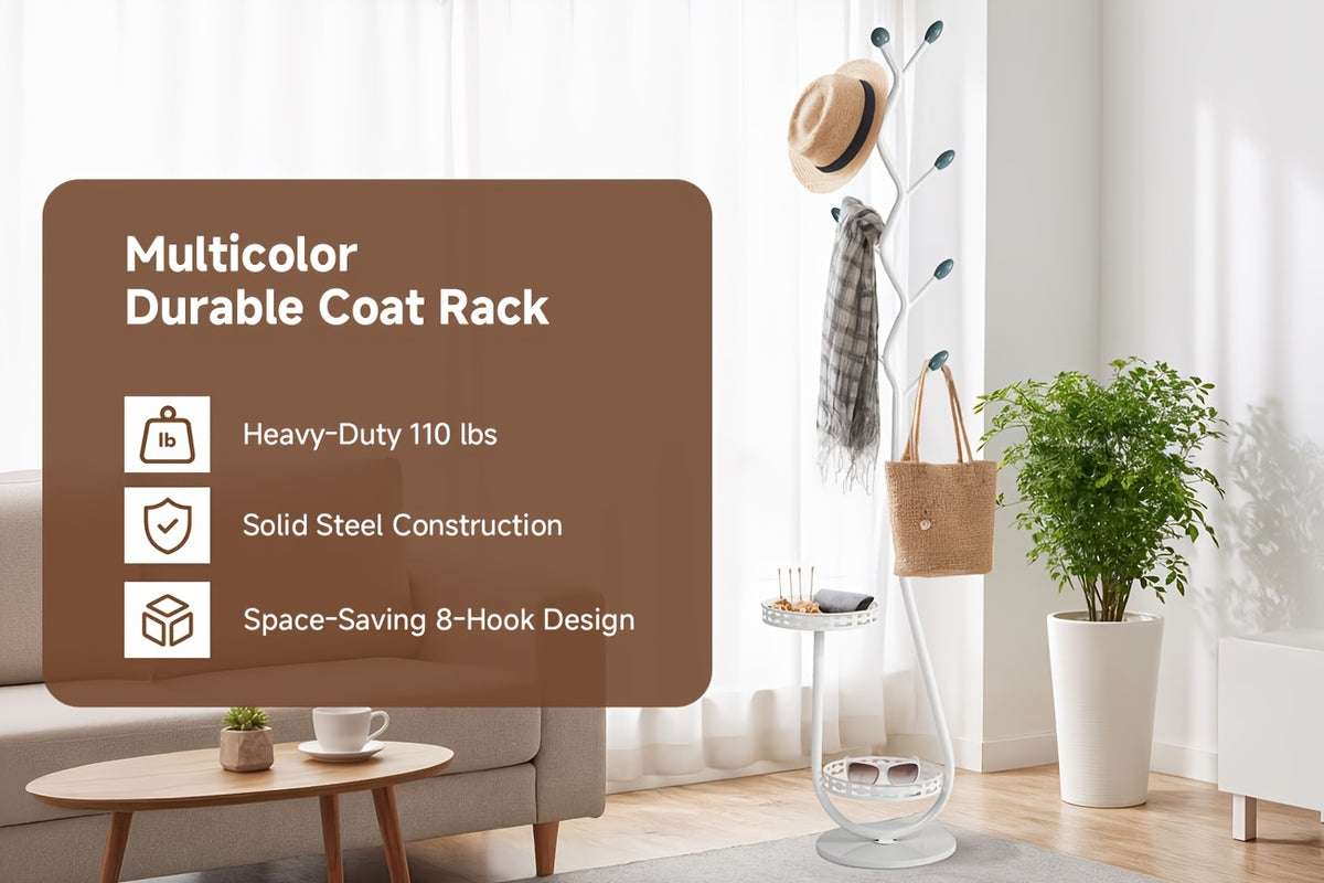 Clothes Rack with Shelf, Freestanding Metal Vertical Organizer in White or Black for Coats, Hats and Scarves, Single Rack for Everyday Home Clothing Storage