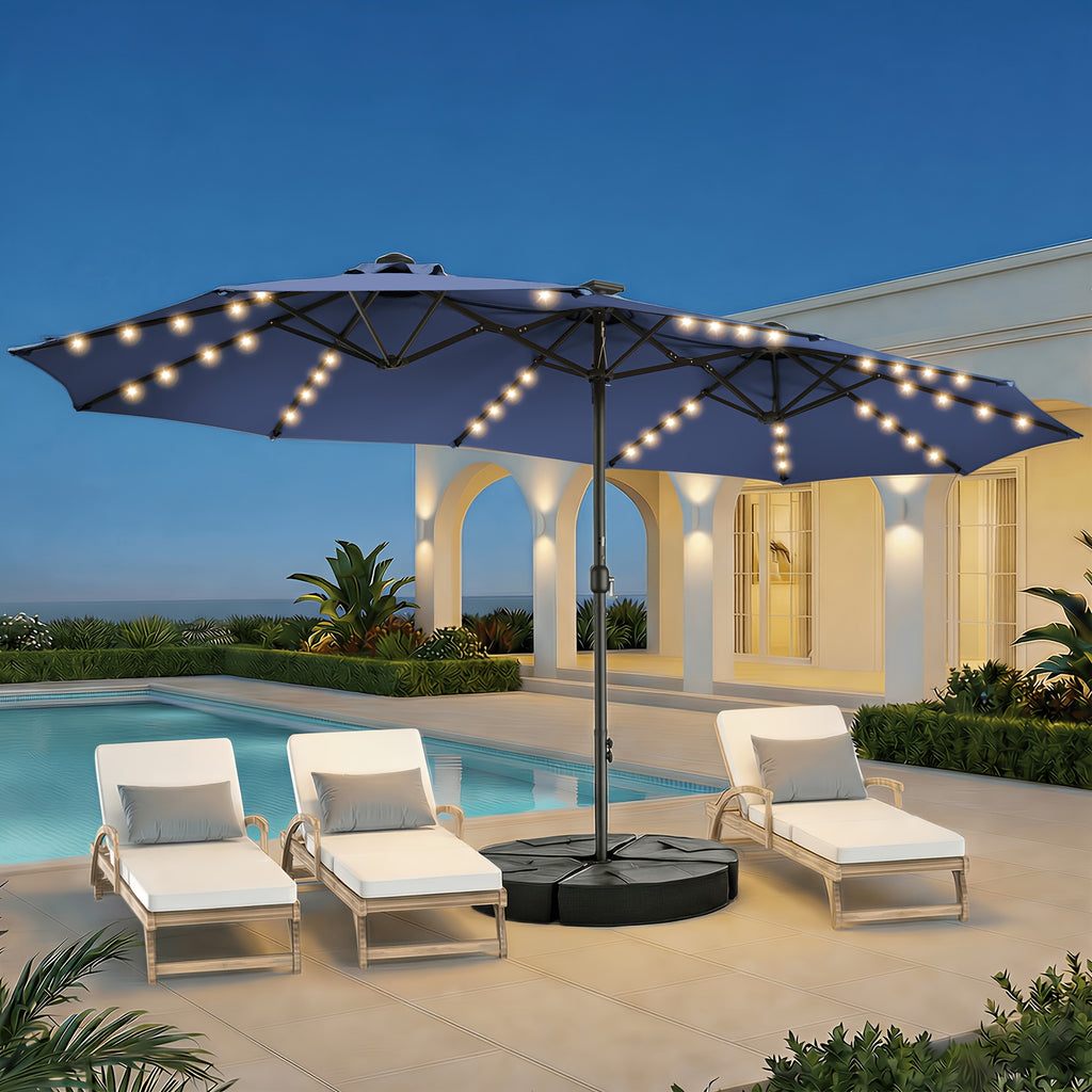 Double-Sided Solar Patio Umbrella with 48 LED Lights, 15ft Outdoor Shade Canopy with Crank Handle, 12 Ribs, Base and Four Sandbags in Blue or Light Blue