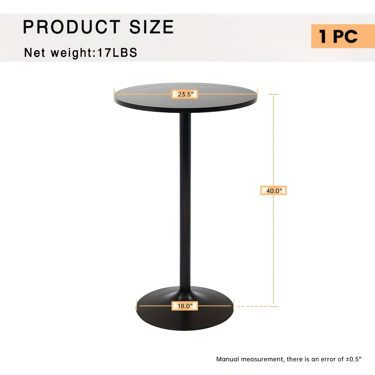 Round Bar Table with Listed 23.5-Inch Diameter Top, Modern Cocktail Furniture in Black or White with Separate Adjustable and Two-Piece Black Options for Small Spaces