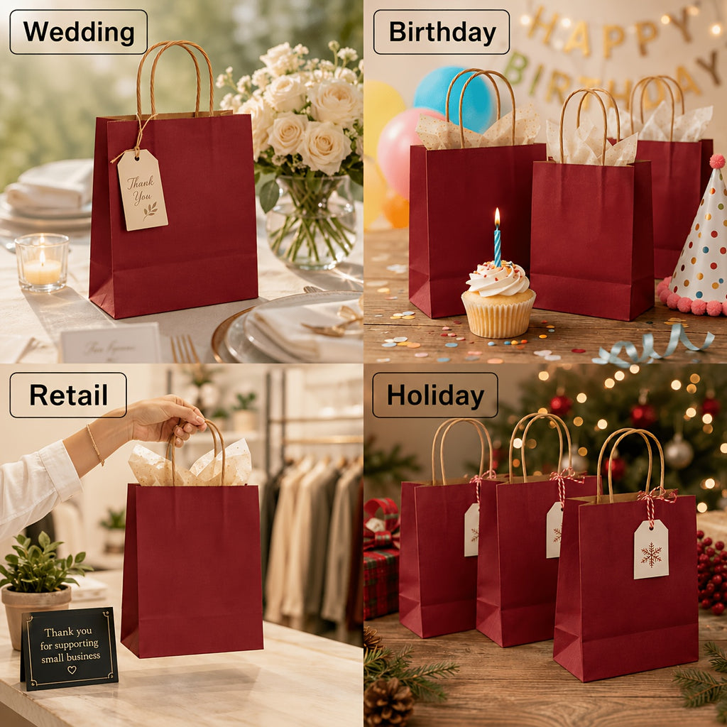 Red Kraft Gift Bags with Twisted Paper Handles, Listed 100-Pack in Small or Medium Sizes for Retail Packaging, Wedding Favors, Birthdays and Holiday Presents