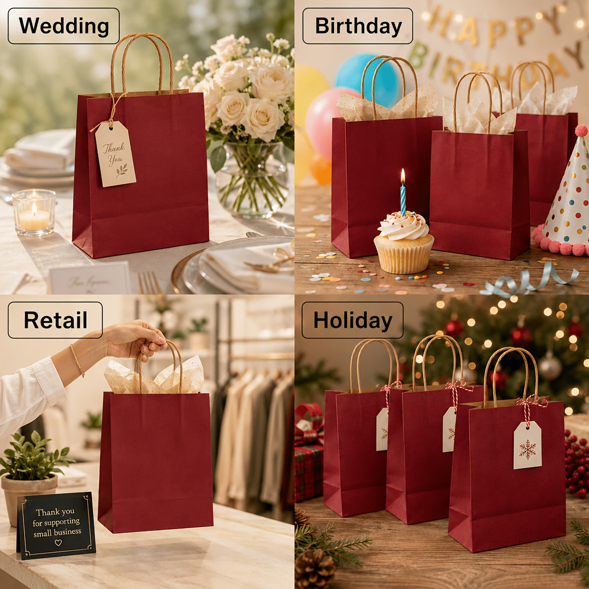 Red Kraft Gift Bags with Twisted Paper Handles, Listed 100-Pack in Small or Medium Sizes for Retail Packaging, Wedding Favors, Birthdays and Holiday Presents