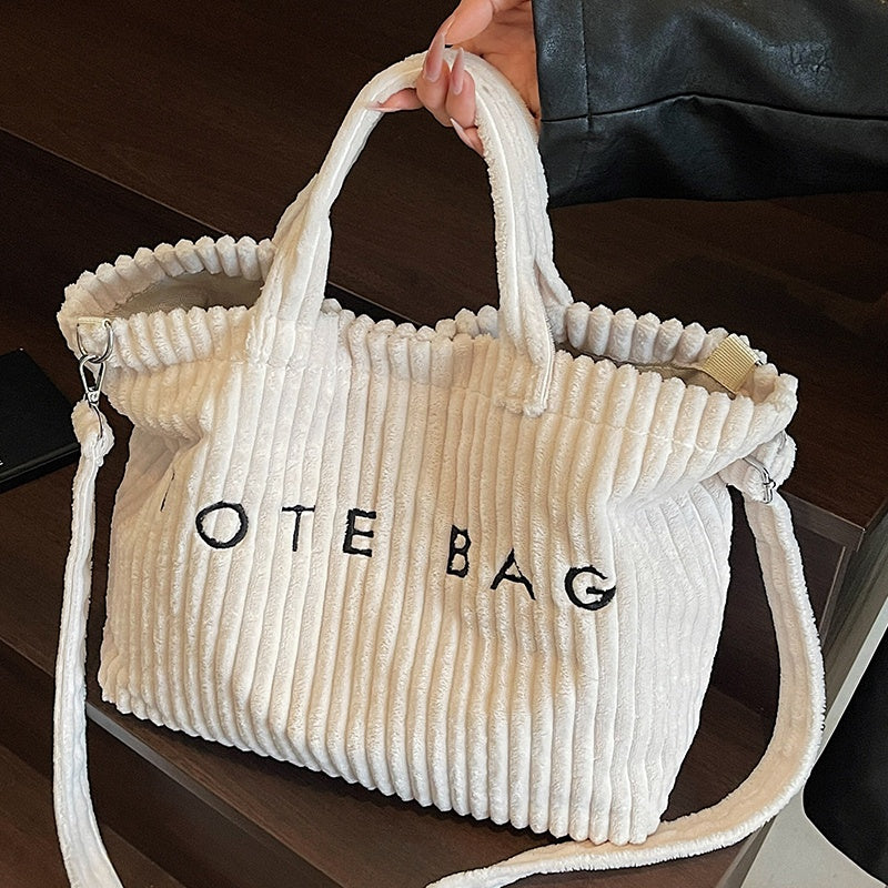 Large Capacity Corduroy Tote Bag for Women with Adjustable Shoulder Strap, Letter Pattern and Contrast Design for Work and Casual Crossbody Wear