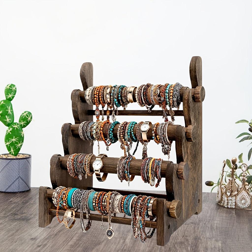 Wooden Bracelet Organizer, 4-Tier Vintage Jewelry Display Rack for Necklaces, Watches and Hair Ties, Desktop Storage for Dresser & Vanity
