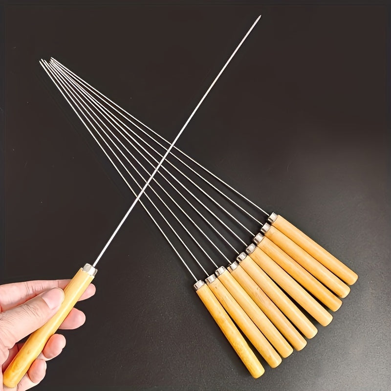10pcs Stainless Steel Skewers, Multi-Functional Metal BBQ Skewers with Wooden Handles, Stainless Steel Grilling Skewer Sticks for Outdoor Cooking and Barbecue Supplies