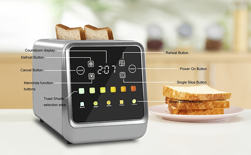 Seven-Shade Touchscreen Two-Slice Toaster with Listed Five Bread Selections, 1.5-Inch Slots, Bagel, Defrost, Cancel and Reheat Functions, Stainless Steel Options