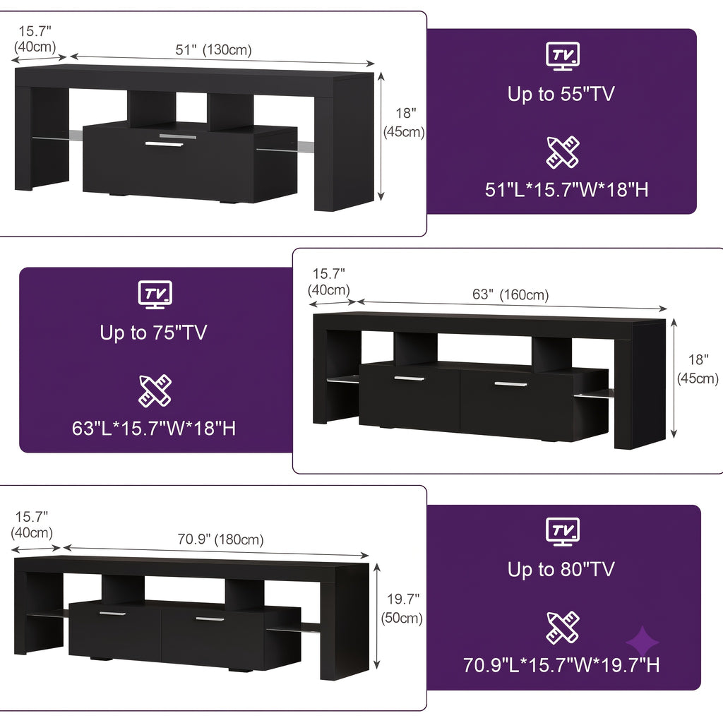 Black LED TV Stand with Listed 51-Inch Length and Single Storage Drawer, Modern Entertainment Media Console for Living Room, Bedroom and Game Room Organization