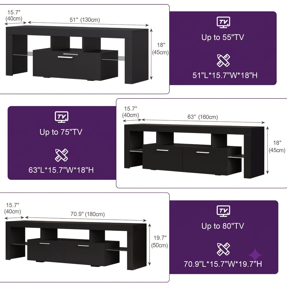 Black LED TV Stand with Listed 51-Inch Length and Single Storage Drawer, Modern Entertainment Media Console for Living Room, Bedroom and Game Room Organization