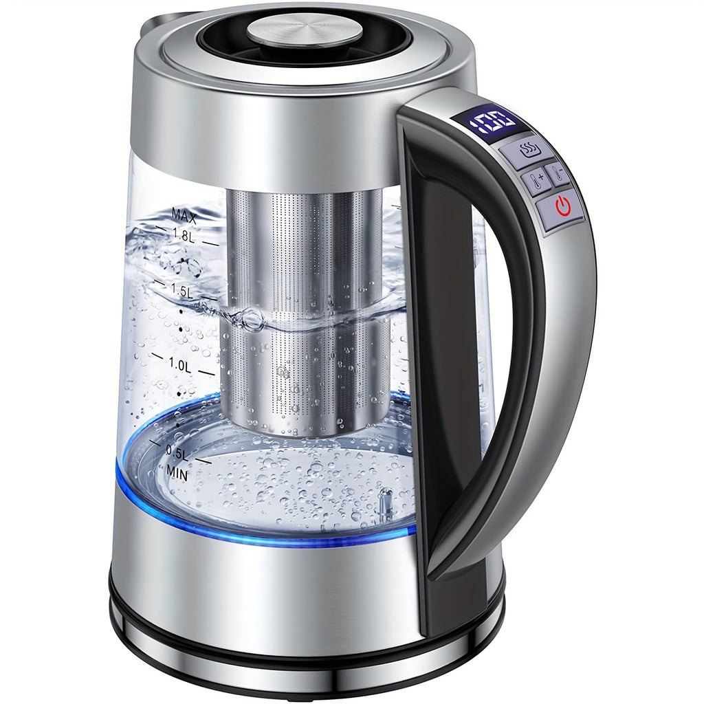 Temperature Control Glass Kettle, 1.8L Electric Tea Kettle with 12 Listed Settings, 24-Hour Keep-Warm Reference and Included Tea Infuser for Beverage Preparation