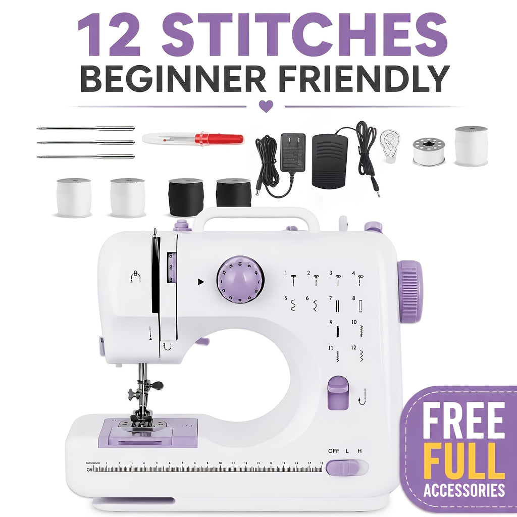 12-Stitch Mini Sewing Machine with Listed Dual Speed and Reverse Sewing, Portable Electric Beginner Craft Tool with Thread, Bobbins and Needles for Home Projects