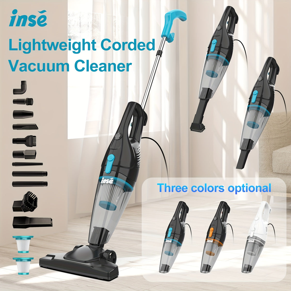 Corded Stick Vacuum Cleaner INSE R3S with Listed 400W Motor, 16kPa Suction, 3.75lb Weight and 6m Cord for Hardwood Floors, Low-Pile Carpet and Pet Hair