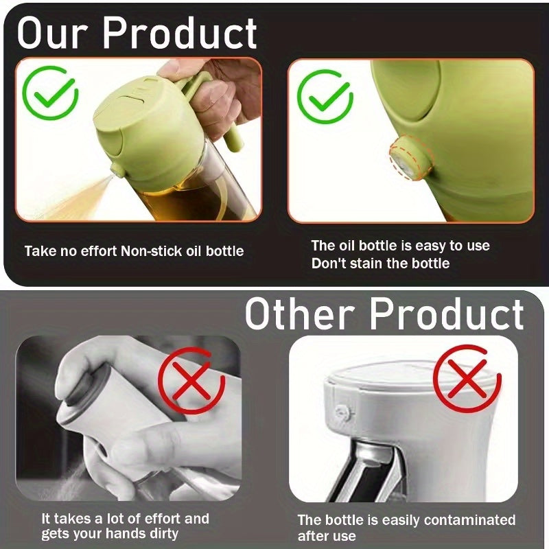Olive Oil Sprayer and Dispenser Bottle, Listed 16 Oz Dark Green Glass with Black Cap and Six Stickers for Two-in-One Pouring and Cooking Oil Spray in Kitchen and BBQ Prep