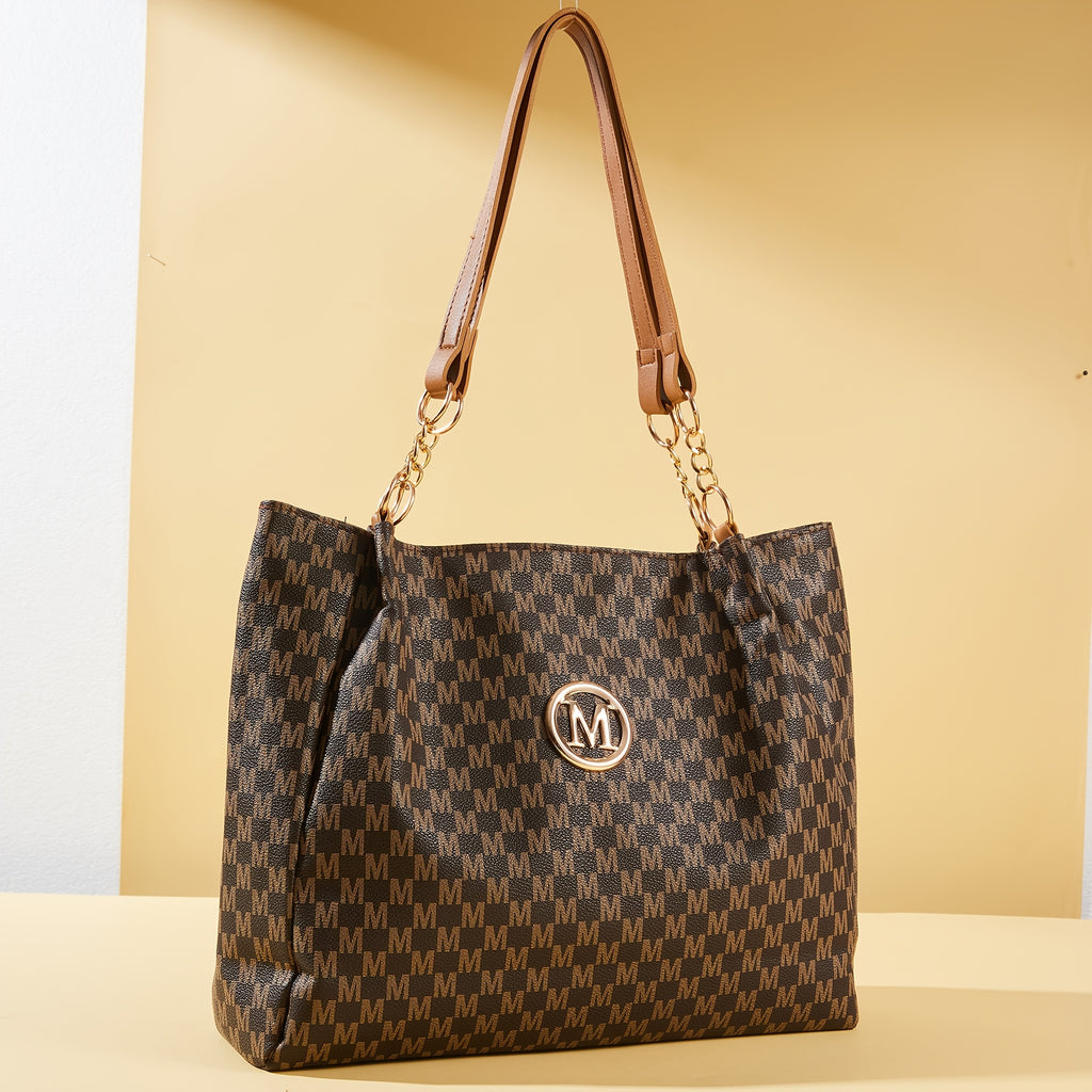 M-Print PU Tote Bag for Women in Black, Vintage-Inspired Shoulder Handbag with Zipper Closure and Hardware Accents for Shopping and Casual Travel
