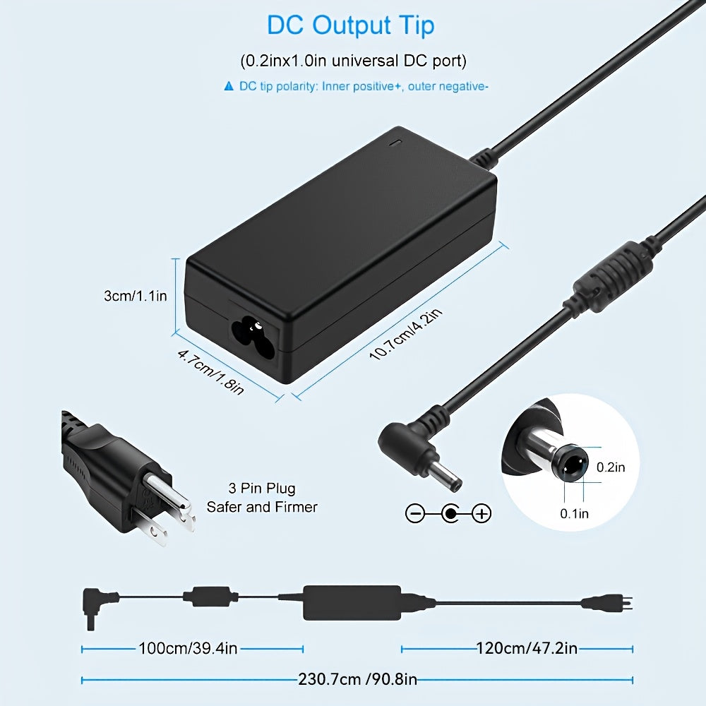 19V Power Supply Adapter with Listed 3.42A 65W Maximum Output, 3.0 x 1.1mm Connector or 5.5 x 2.5mm Nine-Tip Option for Compatible Laptops and Monitors