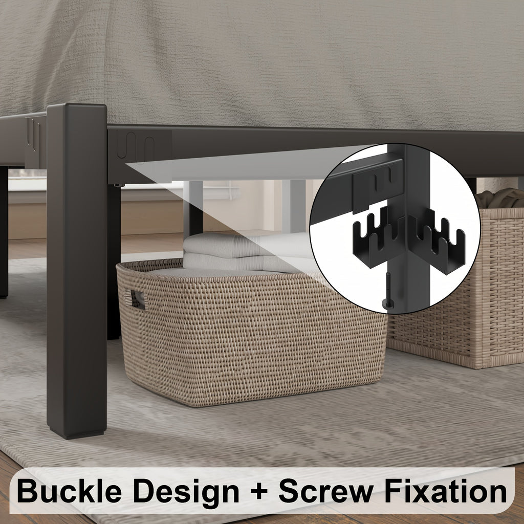 Metal Slat Platform Bed Frame with Slatted Headboard and Under-Bed Storage Space, No Box Spring Needed, Black or White in Twin, Full, Queen and King