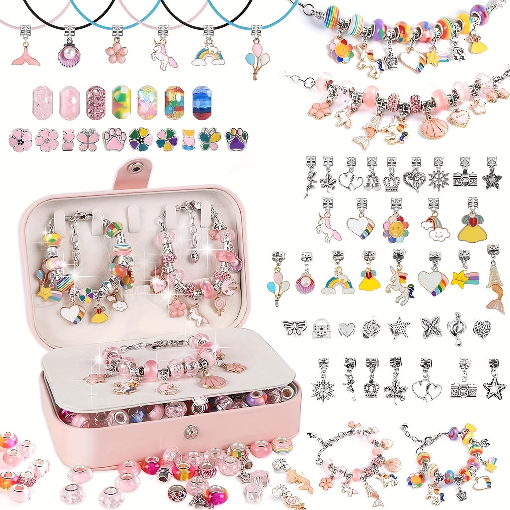 Charm Bracelet Making Kit with 134 Listed Pieces, 120 Beads, Six Bracelets and Six Necklaces with Jewelry Box and Gift Bag for Personalized DIY Jewelry Projects