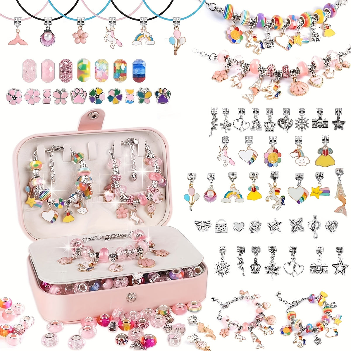 Charm Bracelet Making Kit with 134 Listed Pieces, 120 Beads, Six Bracelets and Six Necklaces with Jewelry Box and Gift Bag for Personalized DIY Jewelry Projects
