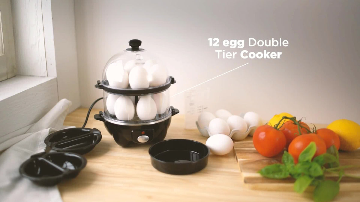 Layered Egg Cooker with Auto Shut-Off, Single or Double Layer Model Options for Boiled Eggs, Scrambled Eggs, Omelets, Steamed Vegetables and Dumplings