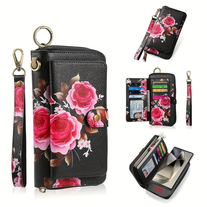 Floral Clutch Wallet for Women with Listed Zipper, Card and Coin Storage, Bow Accessory Reference and Selected Shoulder Strap Styles in Multiple Color Options
