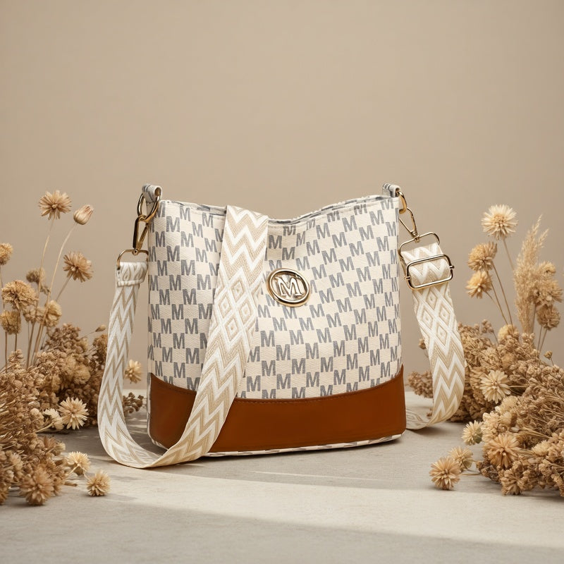 Patchwork Shoulder and Crossbody Bag with Vintage Styling and Wide Lettered Woven Strap, White or Brown Options for Workday Outings, Shopping and Dining