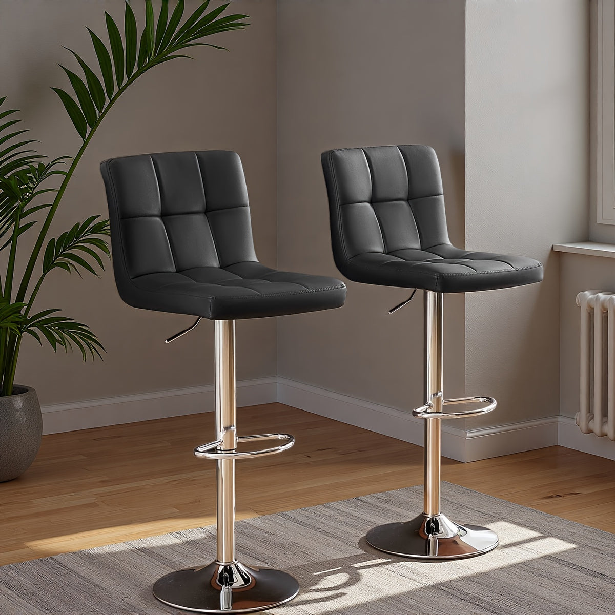 Armless Swivel Bar Stools with Adjustable Hydraulic Height Wording, PU Leather Seat Cushions and Backrests, White Two-Pack or Black Option for Home Kitchen Seating