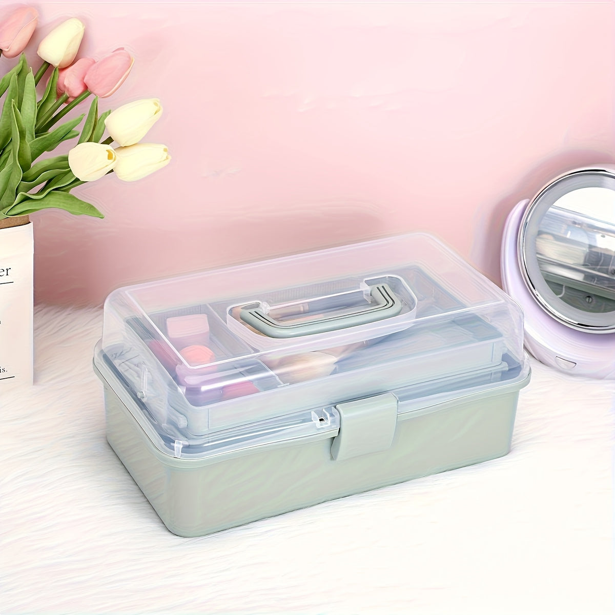 Folding Craft Storage Box with Listed Three-Layer Adjustable Design and Transparent Lid, Portable Organizer for Sewing Tools, Art Supplies and Scrapbooking Materials