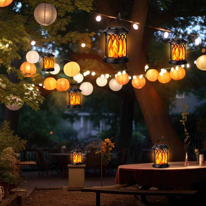 Flickering Flame Solar Hanging Lanterns, Black or Bronze 2-Pack and 4-Pack with Automatic On and Off and Listed IPX5 Rating for Garden and Patio Decor