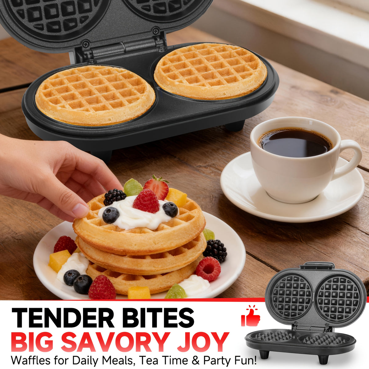 Double Mini Waffle Maker in Graphite, Listed 4-Inch Nonstick Waffle Iron and Chaffle Maker for Home Breakfasts, Brunch, Snacks and Dessert Preparation