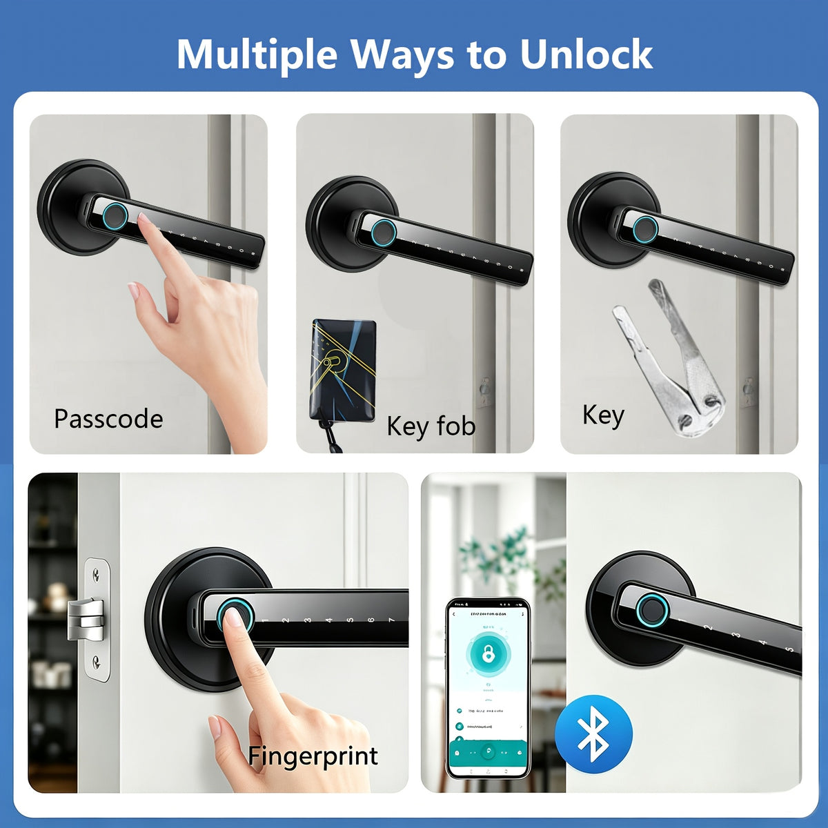 Fingerprint Door Lock Knob in Black with Listed IC Card, Code and Mechanical Key Access, Electronic Handle for Compatible Bedroom, Home and Office Doors