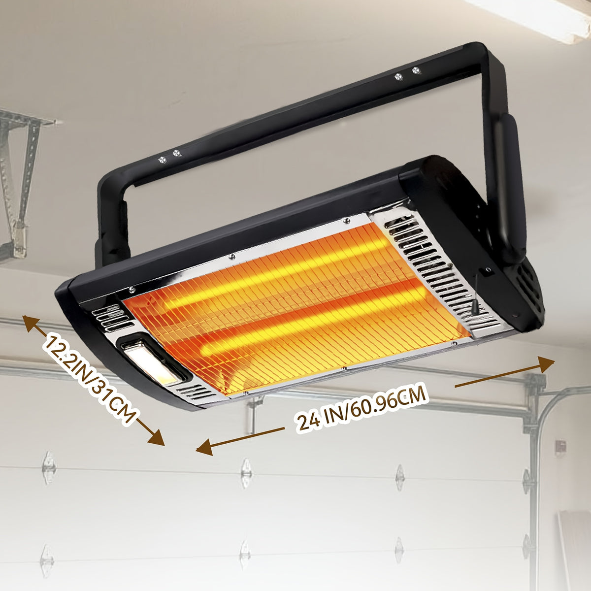 Ceiling-Mounted Quartz Garage Heater with Work Light, Listed 1500W Radiant Heating and 90-Degree Rotation, One- or Two-Pack Options for Approved Indoor Locations