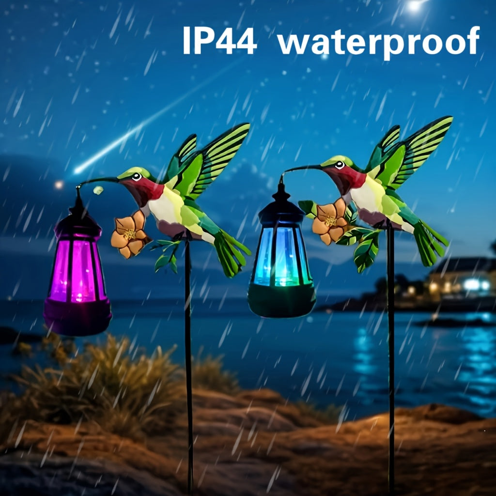 Solar Hummingbird Lantern Pair, Two-Piece Hanging Garden Light Set in Warm or Multicolor Options with Metal and Plastic Construction for Courtyard and Party Decor
