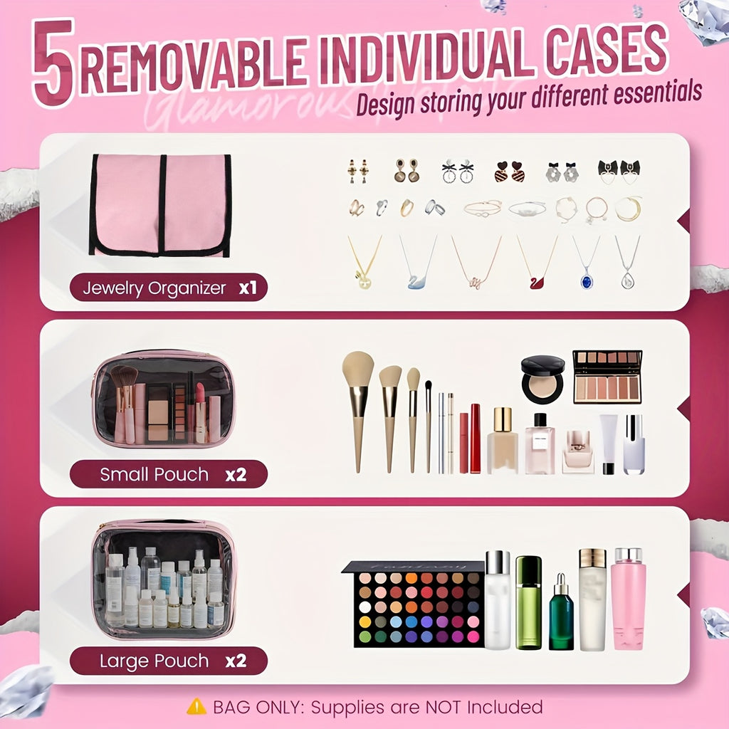 Removable-Pouch Makeup Organizer in Pink with Four Listed Inner Pouches and Jewelry Roll, Multifunction Cosmetic Travel Case for Beauty Essentials and Trip Packing