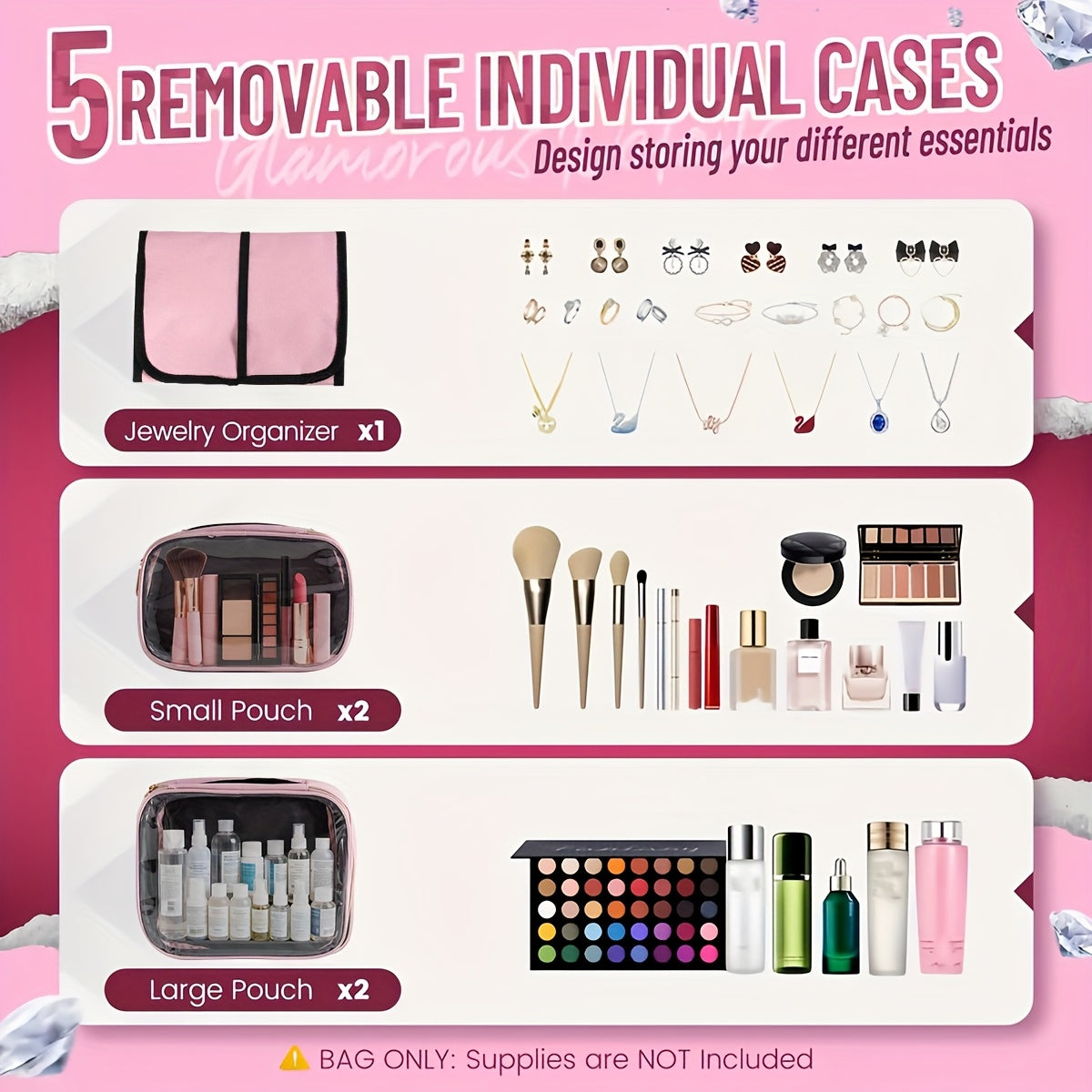 Removable-Pouch Makeup Organizer in Pink with Four Listed Inner Pouches and Jewelry Roll, Multifunction Cosmetic Travel Case for Beauty Essentials and Trip Packing