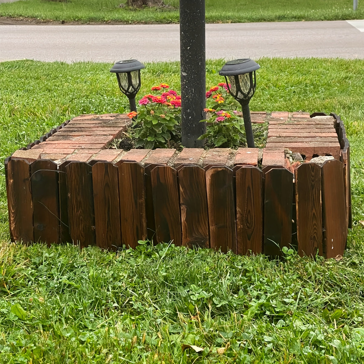 Wooden Garden Edging Border with Listed 47.2-Inch Length, Wire-Connected Decorative Picket Design for Flower Bed Outlines, Curved Paths and Landscape Accents