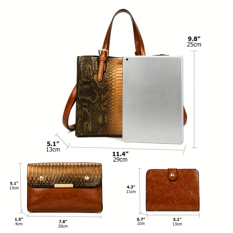 Crocodile-Pattern Handbag Set for Women with Listed Three-Piece Satchel and Tote Styling, Six Color Options for Everyday Outfits, Office and Casual Occasions