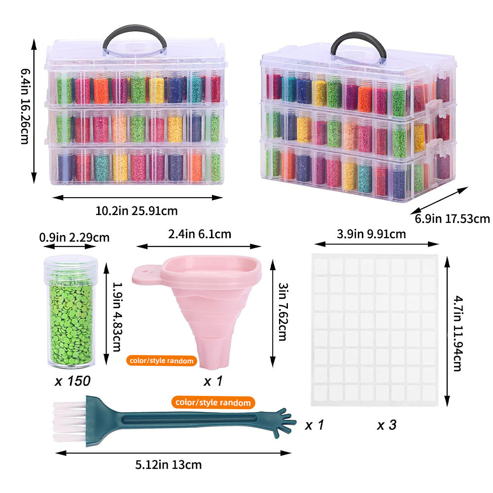 150-Slot Diamond Painting Storage Box by Whonline with Three-Tier Stackable Design, Portable Organizer for Diamond Art Drills, Jewelry Beads and Home Craft Supplies