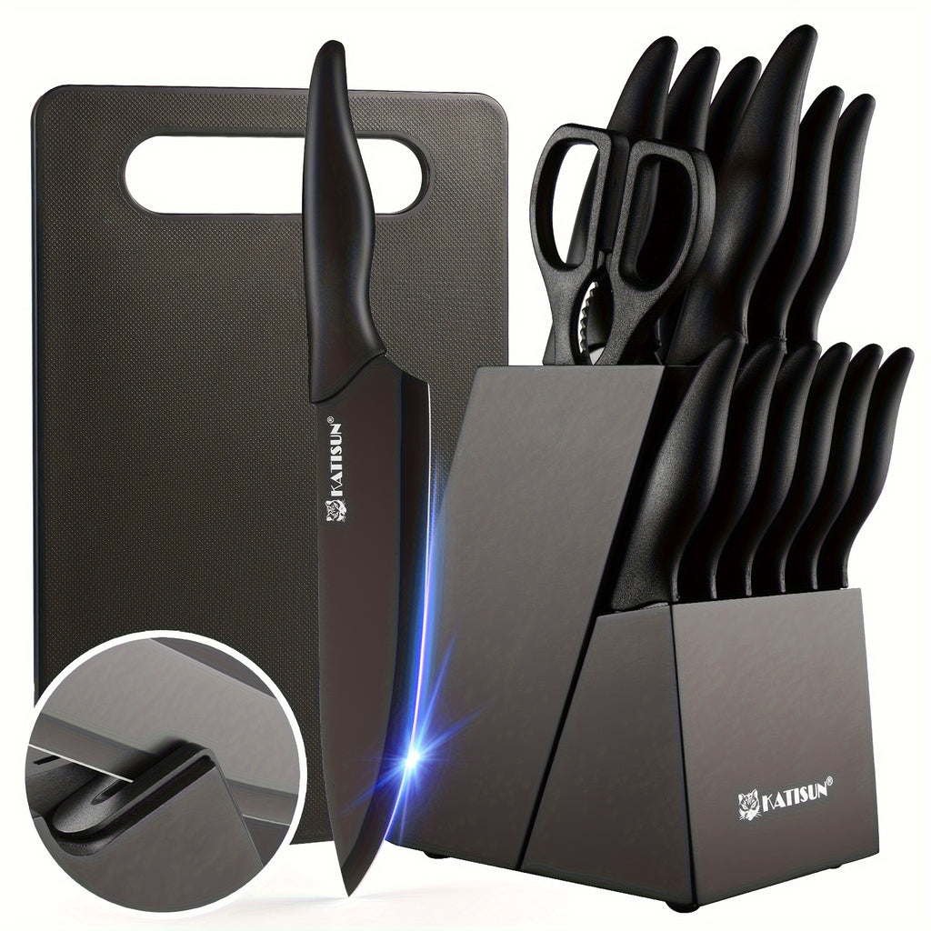 Black Knife and Cutting Board Set, Listed 15-Piece HM2205T-15 Kitchen Collection with Wooden Storage Block, Chef's Knife and Shears for Home Meal Prep