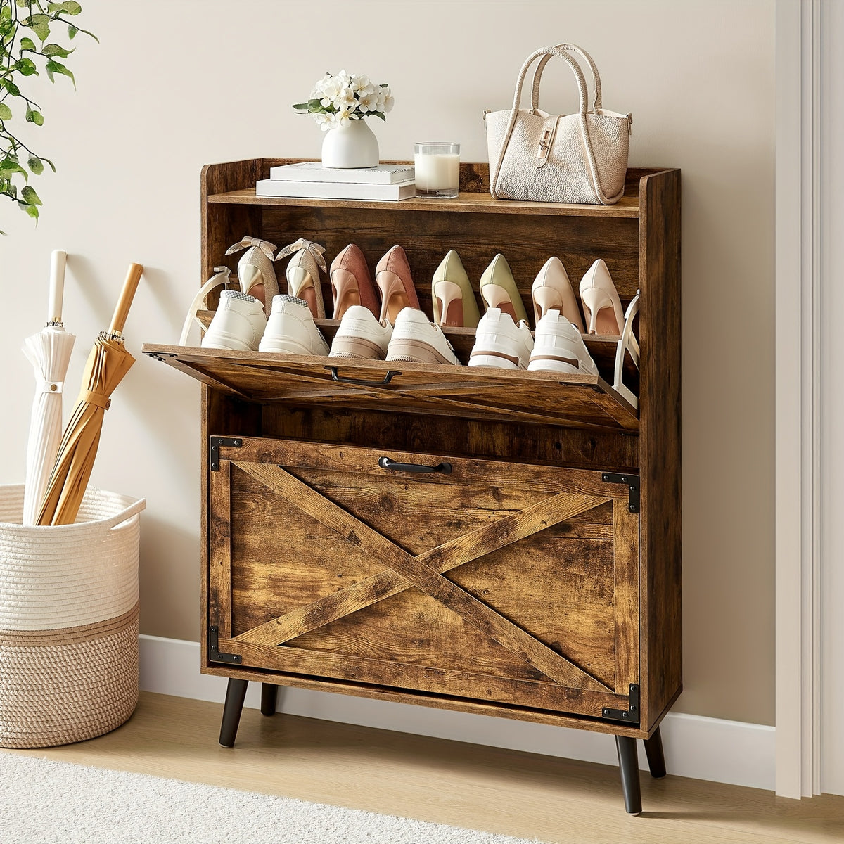 Shoe Storage Cabinet for Entryway and Hallway Organization, Black Upgrade or White Two, Three and Four-Door Options with Listed Flip-Drawer Storage Features