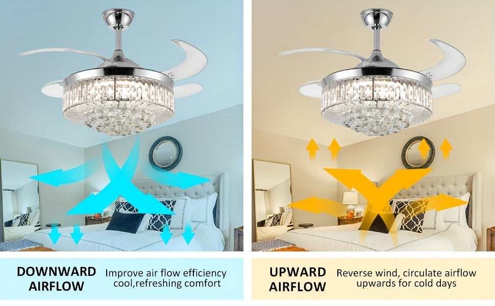 Crystal Style Ceiling Fan Light in Silvery with Three Light Tones, Remote Light Control, Six Fan Speeds and Reversible Airflow for Bedroom and Dining Room Decor