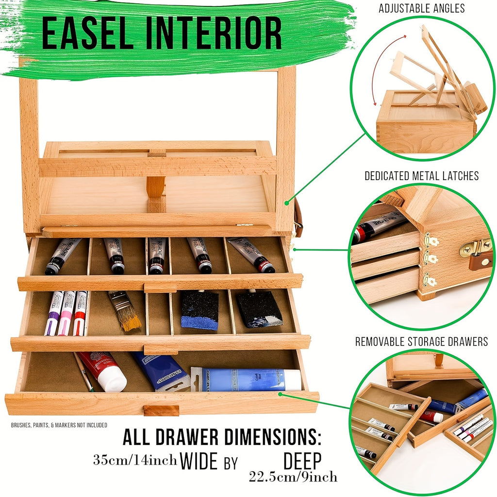 Three-Drawer Easel Storage Box in Beechwood, Adjustable Desktop Artist Organizer and Book Stand for Painting Supplies, Reading and Home Art Spaces