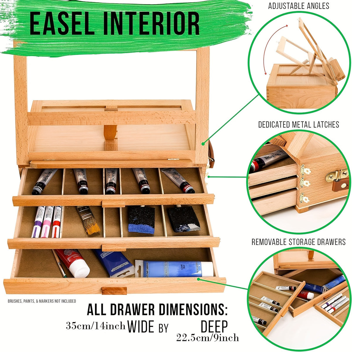 Three-Drawer Easel Storage Box in Beechwood, Adjustable Desktop Artist Organizer and Book Stand for Painting Supplies, Reading and Home Art Spaces