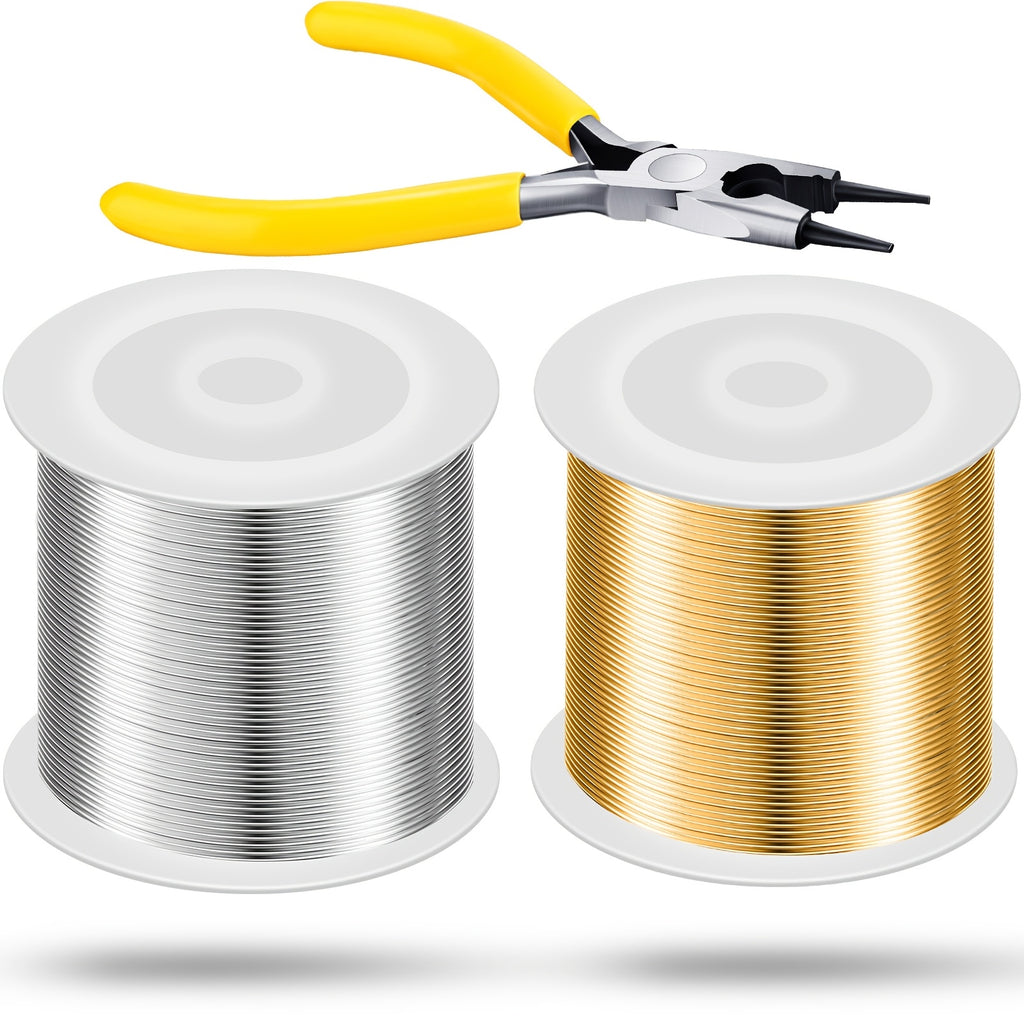 20 Gauge Jewelry Making Wire with Pliers, Two Gold-Tone and Silver-Tone Rolls for Decorative Beading, Wire Wrapping and Personalized Handmade Craft Projects