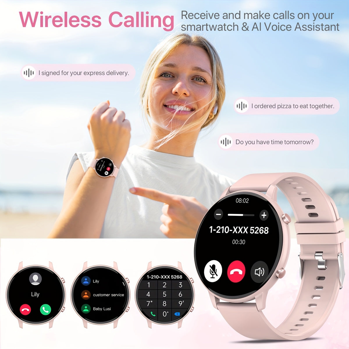 Pink Calling Smartwatch for Women with 1.39-Inch Full Touchscreen, Message Alerts, Step Distance and Calorie Tracking, 100+ Sports Modes for iPhone and Android