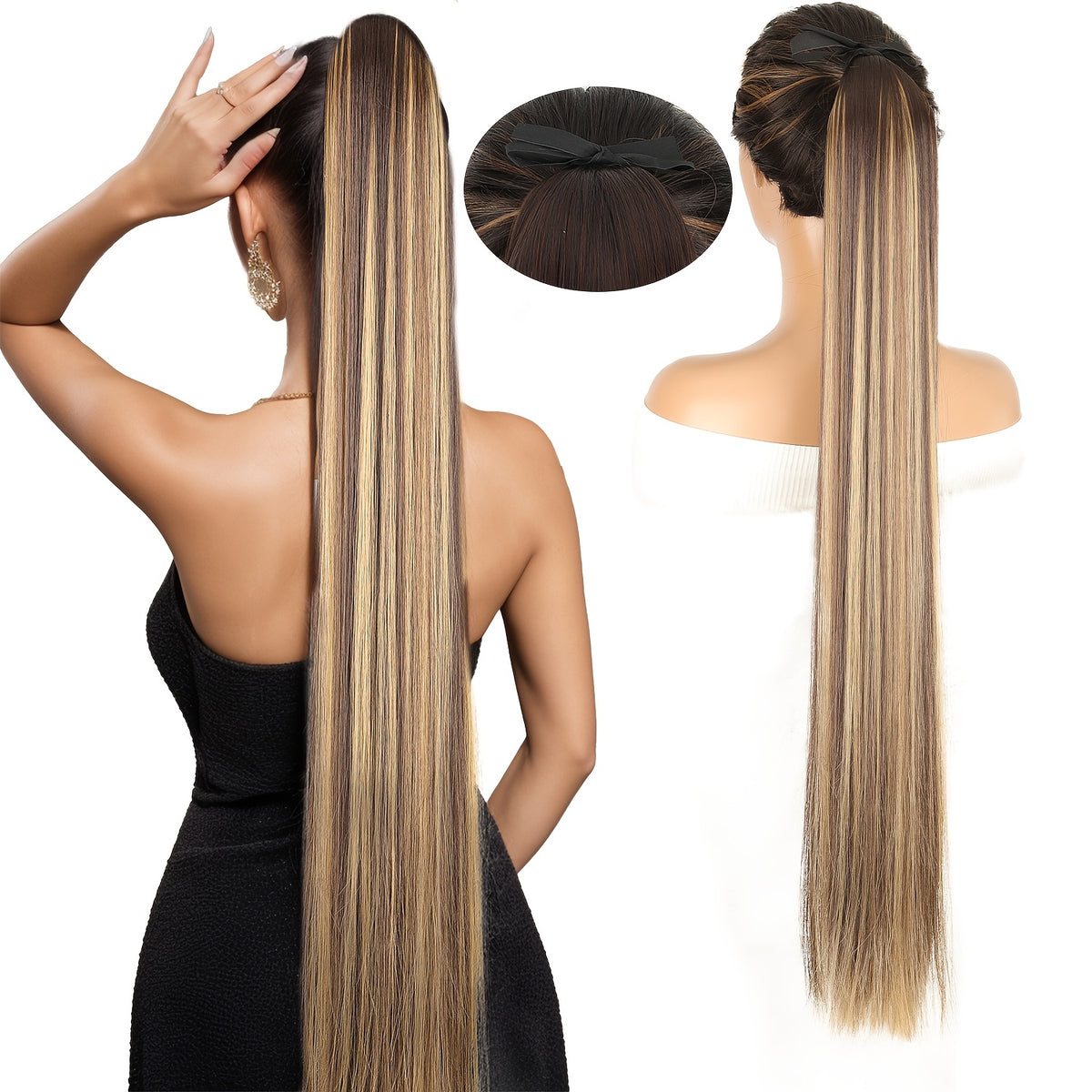 34-Inch Straight Ponytail Hairpiece for Women, Long Fiber Hair Styling Accessory in Six Color Options Including Black, Dark Brown and Olive Brown for Everyday Looks and Special Occasions