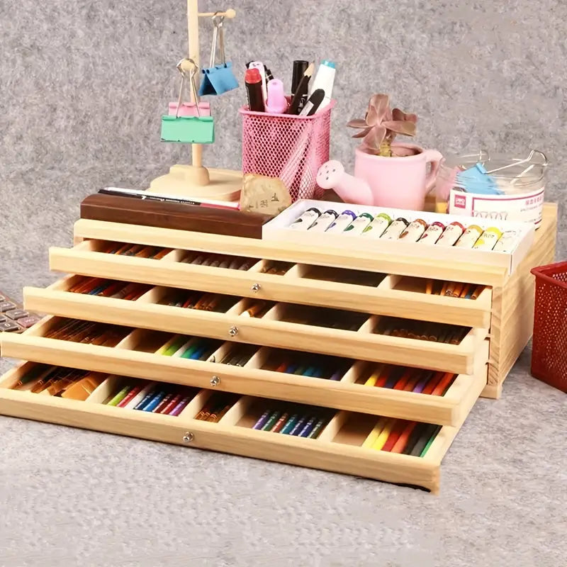 Tiered Wooden Art Supply Organizer with Four or Six Tier Options, Expandable Artist Storage Box for Pencils, Markers, Brushes and Creative Desk Organization