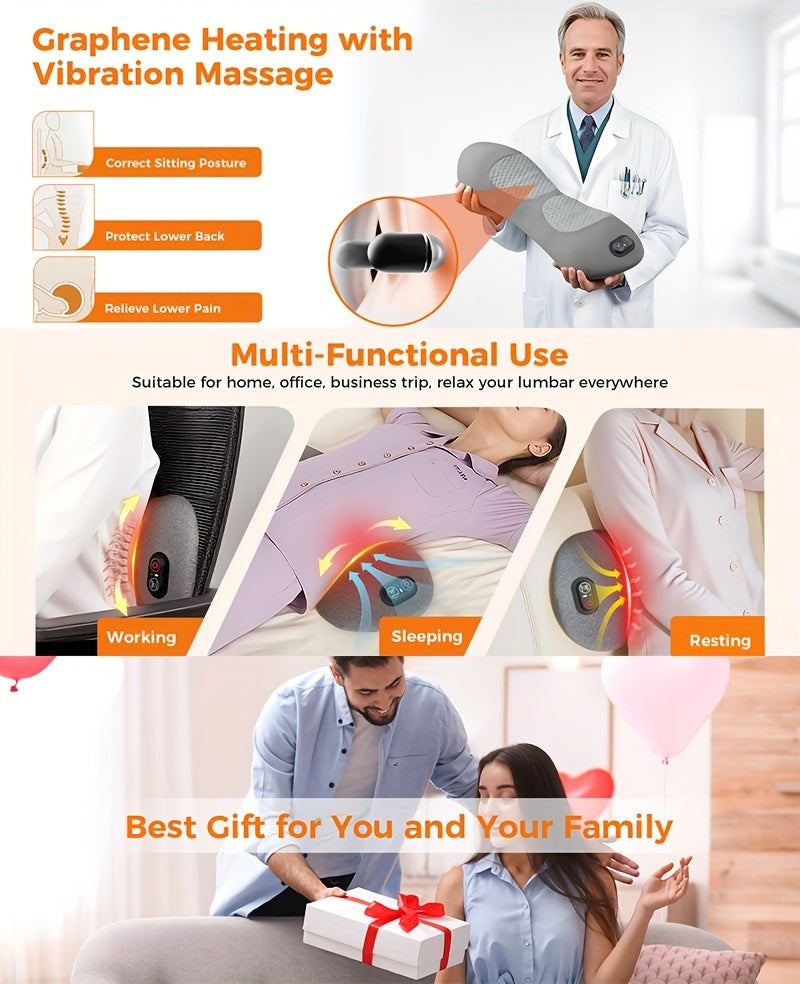 Lower Back Massager with Heat and Vibration, USB-Powered 3-in-1 Lumbar Support Pillow with Listed Traction Function and 2m Cable for Home Relaxation