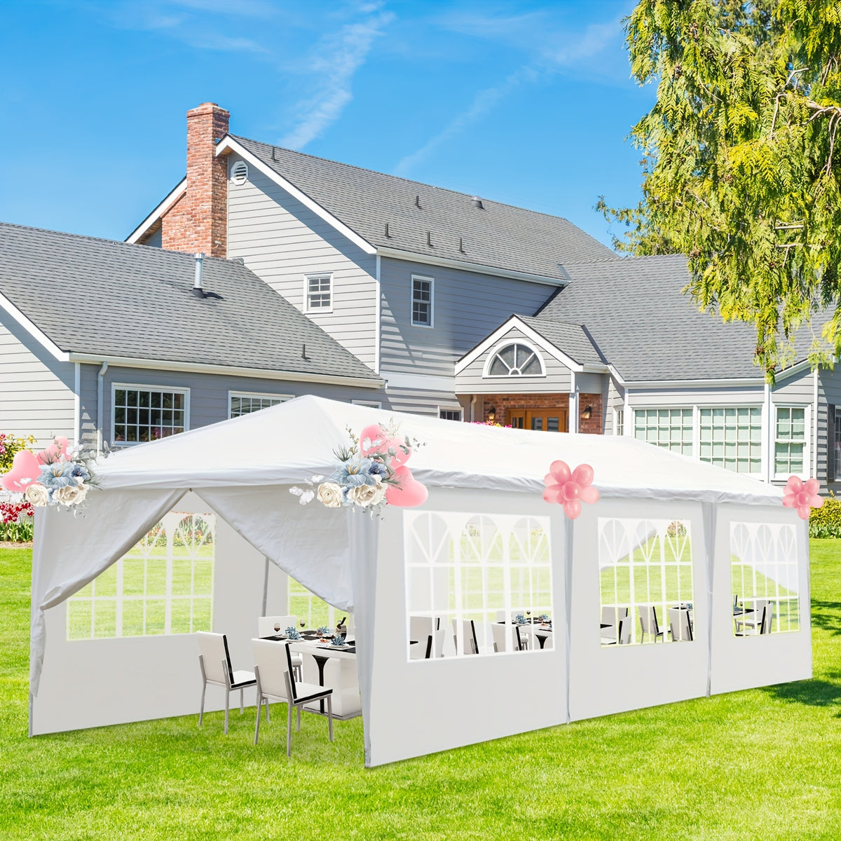 Party Canopy Tent with Listed 10 x 30 ft Footprint, White PE Cloth and Iron Tube Frame, Eight-Sidewall or No-Sidewall Options for Temporary Outdoor Events